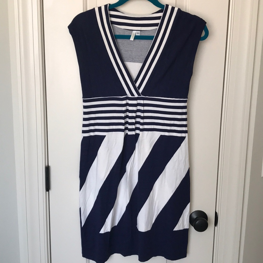 Envi: striped navy and white V-neck dress